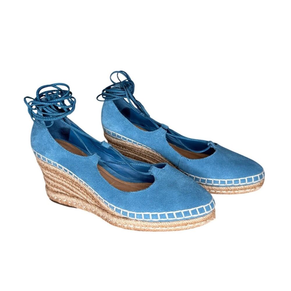 Schutz Wedge Espadrilles Size 6.5 Blue Fechado Salto Medio Acamurcado Suede